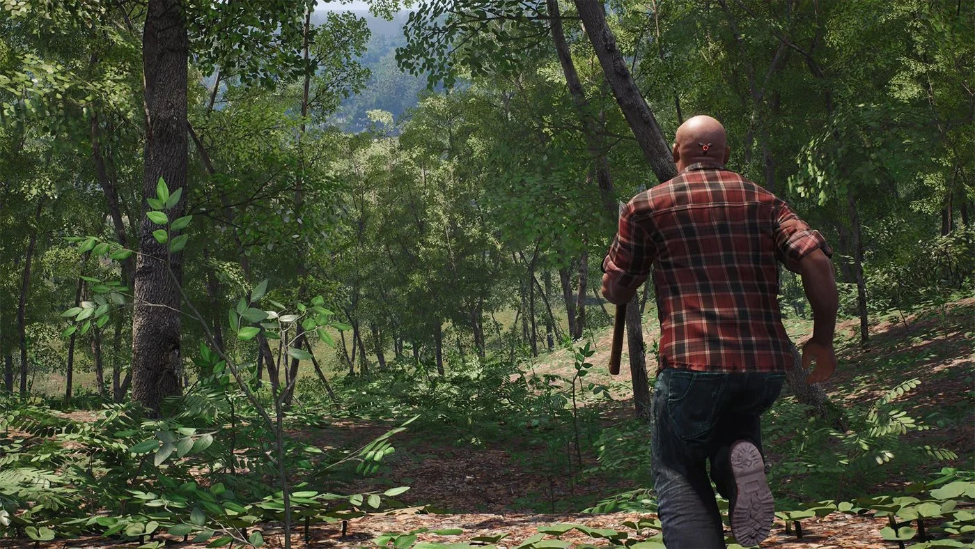 SCUM prisoner running through a forest with an axe
