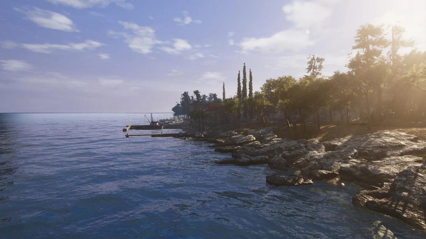 SCUM coastal dock with a boat on the island shoreline